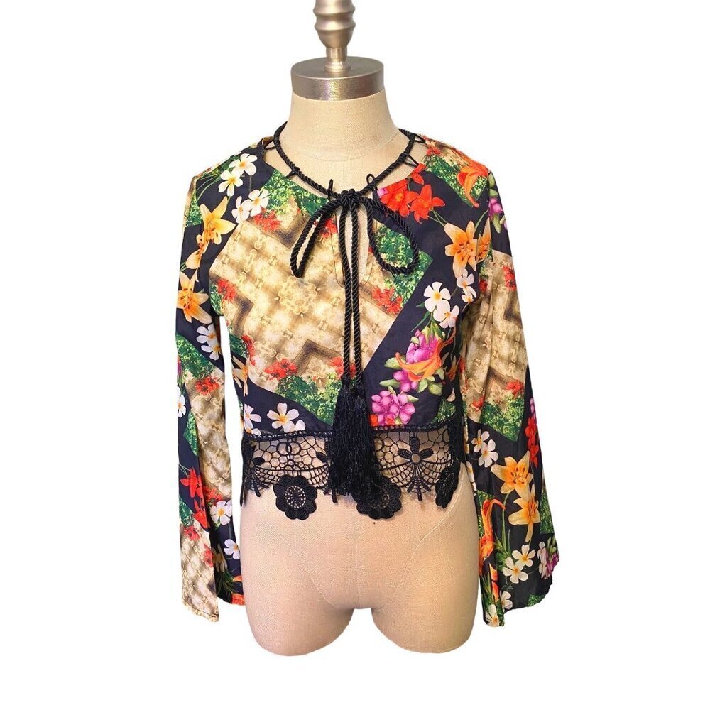 Ky Look Floral Bohemian Long Sleeve Crop‎ Top With Lace Trim Tassel Tie Size S